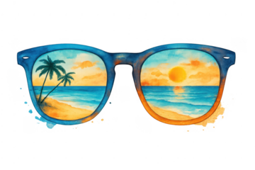 Sunglasses reflecting tropical beach sunset vacation watercolor art