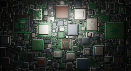 Digital Complexity: A Mosaic of Glowing Processor Chips
A mesmerizing, high-angle close-up of a complex electronic landscape, where various sizes of integrated circuits