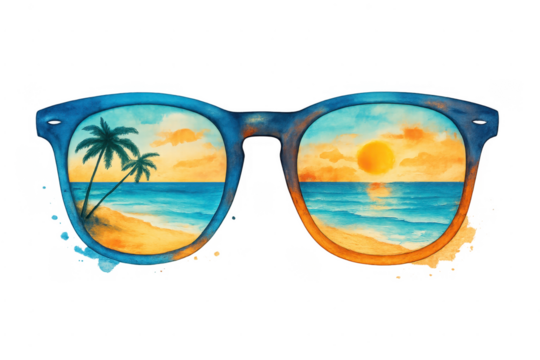 Sunglasses reflecting tropical beach sunset vacation watercolor art