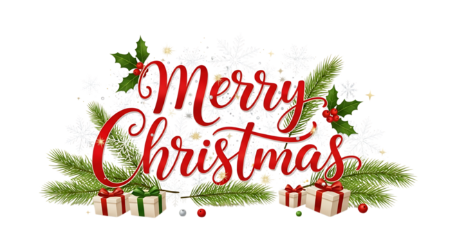 Christmas greeting card with merry Christmas lettering and holiday decorations