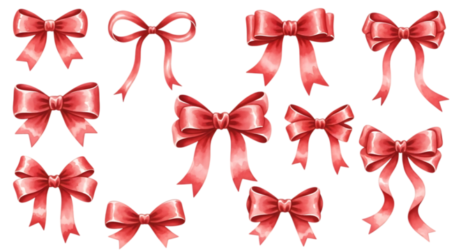 set of red bows with ribbons for gifts and decoration