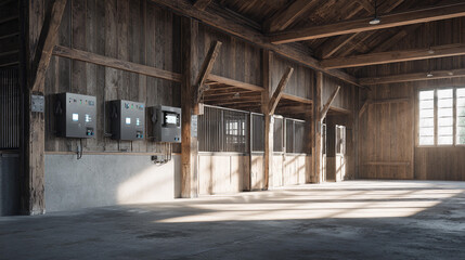 Spacious barn interior showcasing horse stalls and equipment