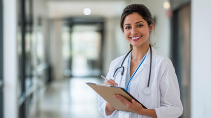 Smiling female doctor takes notes in a hospital hallway