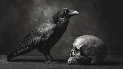 Obraz premium Raven stands beside a skull on a dark surface