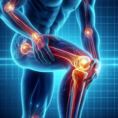 Human knee joint pain and inflammation highlighted in blue medical illustration
