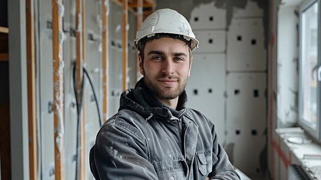 A construction worker stands at a renovation site wearing a safety helmet. He looks at the camera with a smile while surrounded by unfinished walls. The setting is bright and active