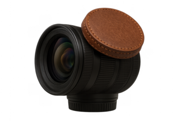Digital camera lens with leather cap protecting optic