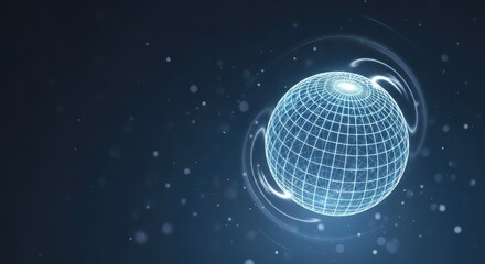 A glowing blue sphere with a grid pattern, rotating in a dark blue space with small white dots.