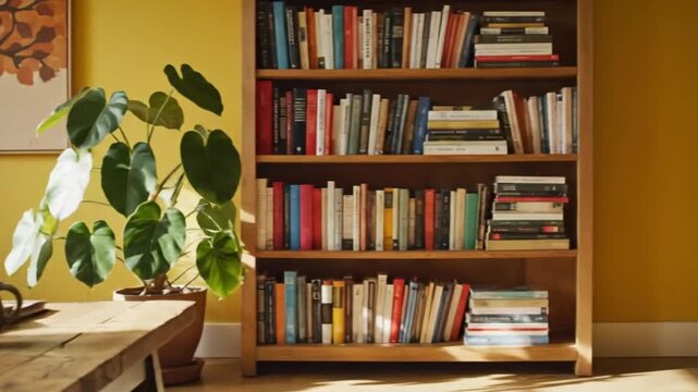 A bright, cozy living room bathed in natural daylight. A vibrant yellow wall fills the background, adding warmth to the space. Against it stands a wooden bookcase neatly filled with colorful book