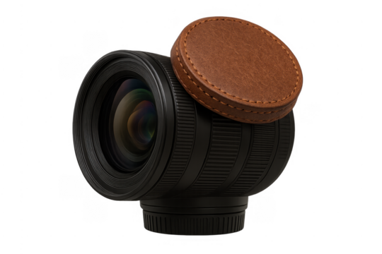 Digital camera lens with leather cap protecting optic