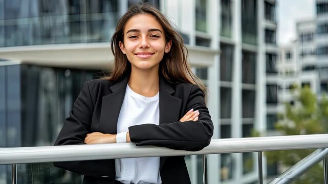 A young professional stands on a balcony, showcasing confidence and charisma in a contemporary urban setting under clear skies