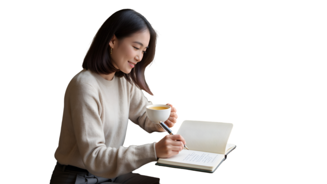 Smiling Asian woman writing in a journal with a pen, holding a cup of herbal tea. Focus on self-care, mental wellness, and New Year goal setting. Cozy, clean background for copy space. Personal growth - Powered by Adobe