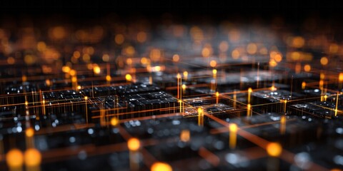 Glowing digital connections illuminate a complex structure in a dark futuristic environment