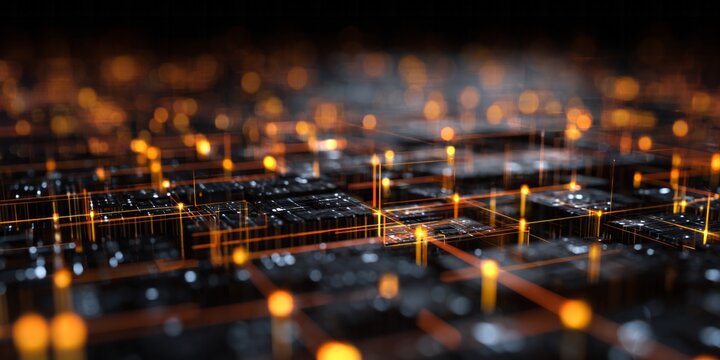 Glowing digital connections illuminate a complex structure in a dark futuristic environment