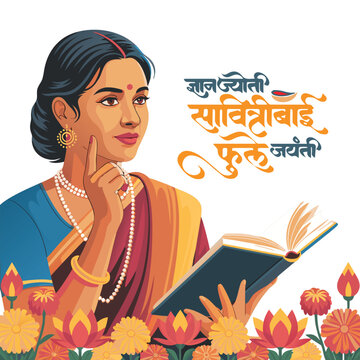 Marathi calligraphy text " Gnyanjyoti Savitribai Phule Jayanti". Birthday banner of an Indian social reformer, educationalist.