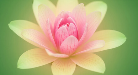 Fototapeta premium Close-up macro photograph of a delicate pink and yellow lotus flower blooming with soft pastel green background for serene and tranquil imagery
