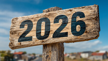 Weathered wooden signpost displaying the year 2026 against a bright blue sky. Symbolizes future plans, new beginnings, deadlines, and upcoming events for commercial use.