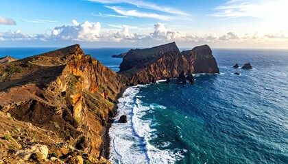 Coastal Cliffs with Azure Waters on Rocky Coastline Under Partly Cloudy Sky Aerial View