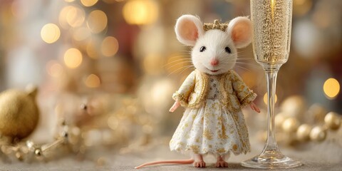 Adorable mouse figurine wearing royal attire beside champagne glass, expressing New Year 2026 joy with shimmering gold background and magical festive radiance.