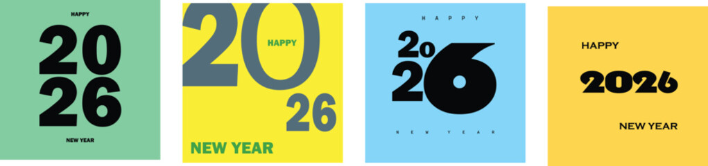 Set of 2026 Happy New Year Logo Text Designs – Modern 2026 Number Templates for Cards, Covers, Posters, and Branding on Colorful Backgrounds