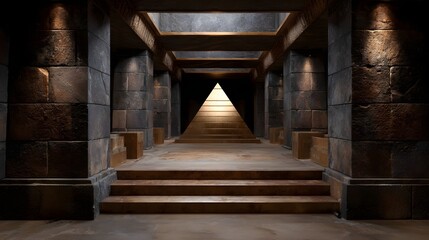 A majestic ancient stone corridor with imposing steps leading to a luminous pyramid apex