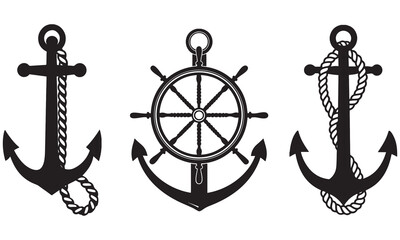 Anchor Vector Silhouettes – Nautical Icons, Helm and Rope Clipart .