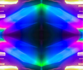 Prismatic symmetrical light patterns and a spectrum of colors create a futuristic, shimmering tunnel. Intense rainbow light creates the illusion of infinite space and energy.