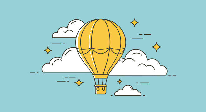 A bright yellow hot air balloon ascends into a sky dotted with fluffy clouds and scattered stars, representing adventure and freedom