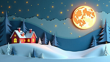 Whimsical winter night landscape with paper house, trees, and glowing moon in a playful design