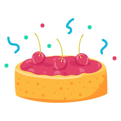 A delicious pixel art cake topped with cherries and surrounded by colorful confetti isolated on a transparent background representing a festive celebration or dessert