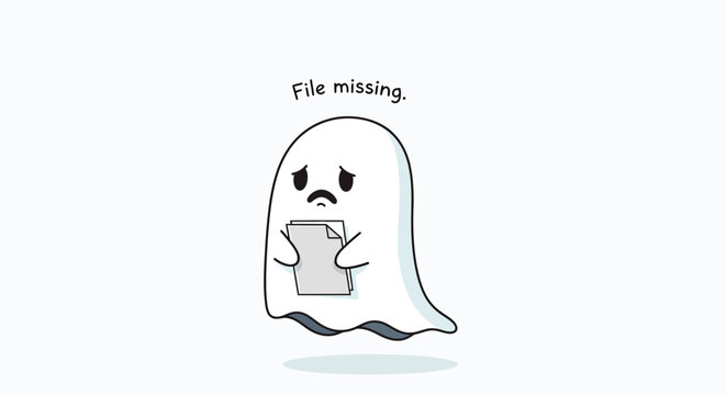 Sad ghost character holding a missing file with a drooping expression, representing a digital error or data loss, rendered in a minimalist cartoon style