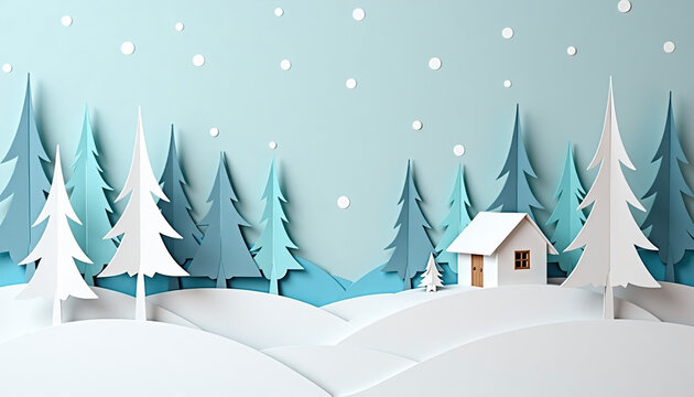 Stylized winter landscape with paper trees and house in a serene pastel color scheme