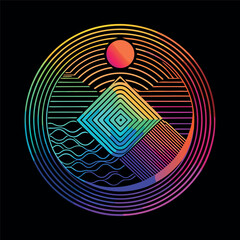 Colorful abstract circular pattern with wavy lines, gradient rainbow outline on black background, minimal geometric style vector art