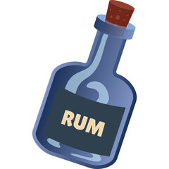 A blue glass bottle with a cork stopper contains a dark liquid labeled rum set against a transparent background