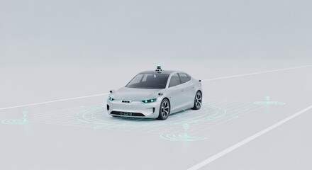 Futuristic autonomous electric car on smart road with digital interface