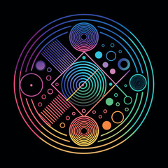 Colorful abstract circular pattern with wavy lines, gradient rainbow outline on black background, minimal geometric style vector art