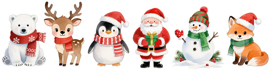 Christmas watercolor animal and character collection with Santa, snowman, fox, reindeer, bear and penguin, isolated on transparent or white background.