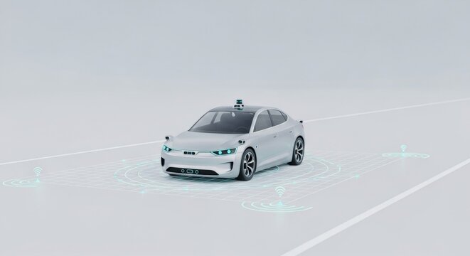 Futuristic autonomous electric car on smart road with digital interface