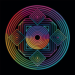 Colorful abstract circular pattern with wavy lines, gradient rainbow outline on black background, minimal geometric style vector art