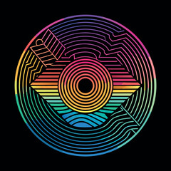Colorful abstract circular pattern with wavy lines, gradient rainbow outline on black background, minimal geometric style vector art