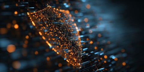 Glowing digital shield graphic symbolizes protection within a stream of data