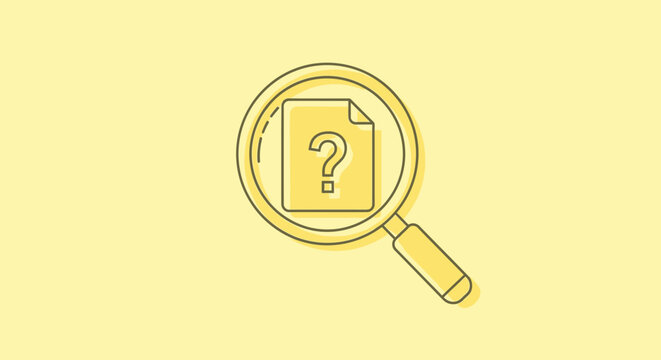 Magnifying glass over a document with a question mark, symbolizing search and inquiry for information