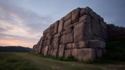 A majestic massive stone monument stands against a dramatic twilight sky in a natural landscape