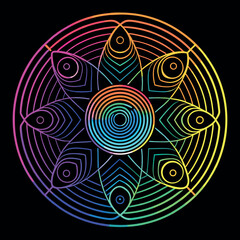 Colorful abstract circular pattern with wavy lines, gradient rainbow outline on black background, minimal geometric style vector art