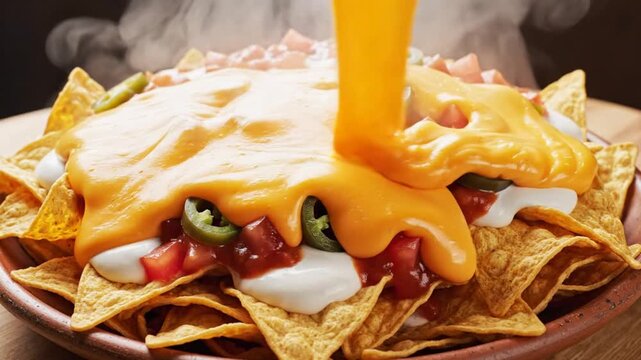 Delicious nachos topped with melted cheese, salsa, jalape?os, and sour cream, served in a warm setting