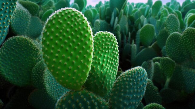 Close-up of a large group of cactus plants. the cacti are arranged in a grid-like pattern, with each cactus having a unique shape and texture.