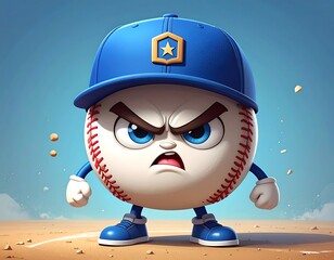 Cartoon baseball character with angry expression, wearing a blue cap, against clear blue sky