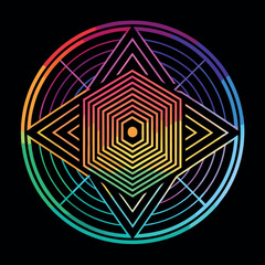 Colorful abstract circular pattern with wavy lines, gradient rainbow outline on black background, minimal geometric style vector art