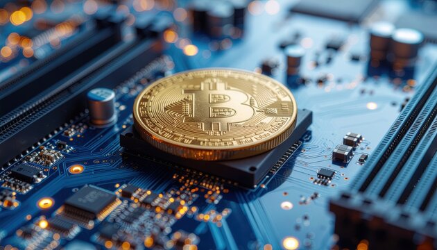 Bitcoin Coin on Circuit Board - Powered by Adobe