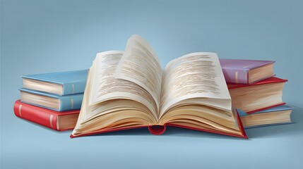 Several colorful bound volumes are stacked around a central open text featuring flowing pages.
